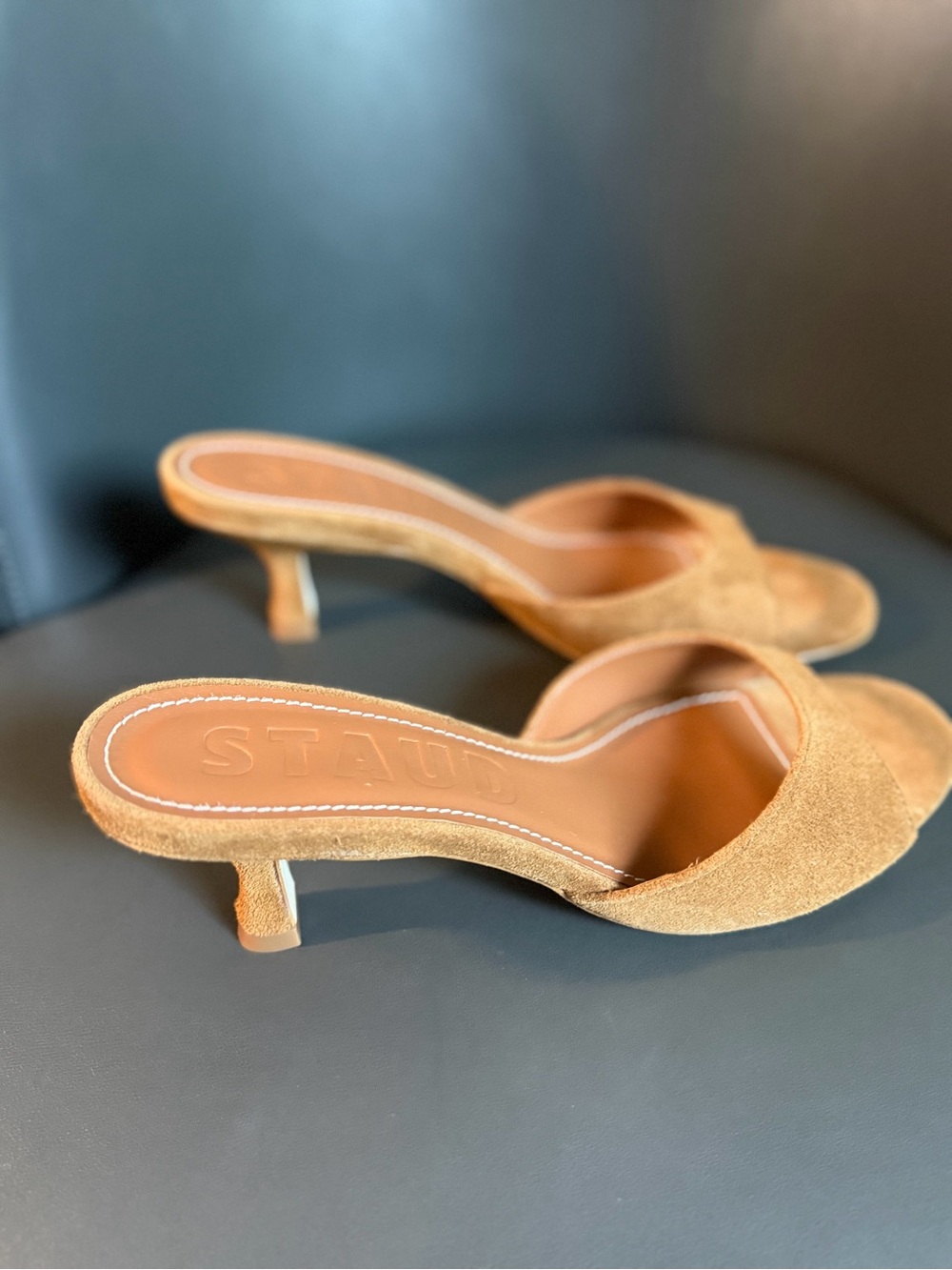 STAUD Caramel Suede Open-Toe Kitten-Heel Mules - Picture 10 of 12